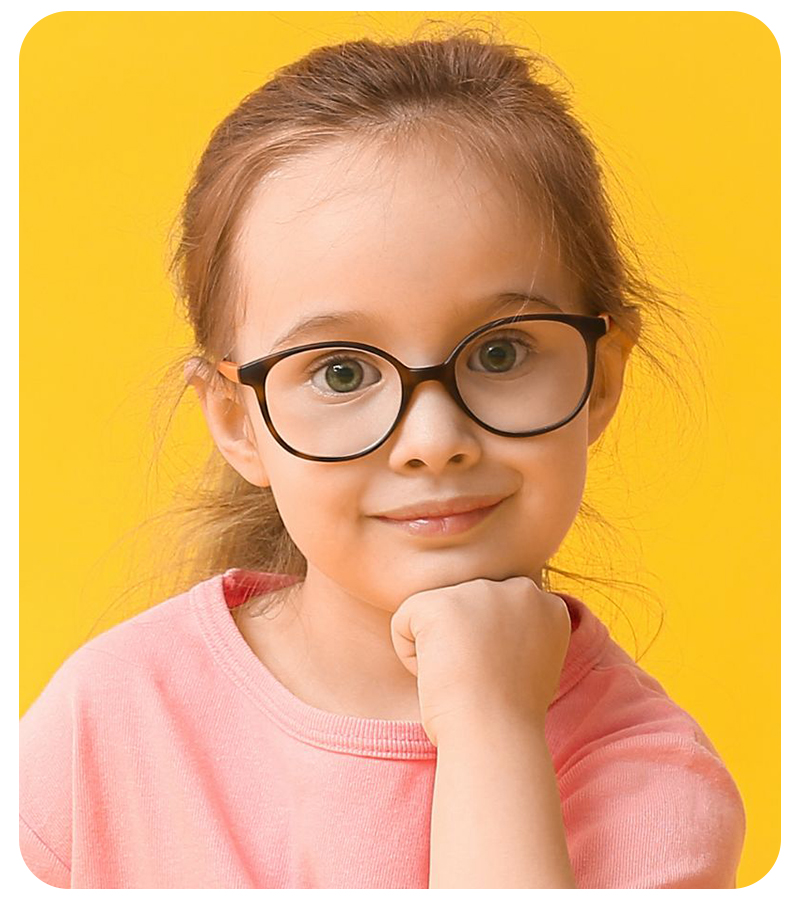 Portrait of a girl on a yellow background wearing glasses with no glare because the image was processed with 36Pix glasses glare removal algorithm
