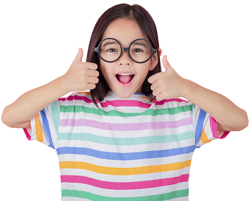 Young girl doing a thumbs up with both hands wearing glasses with the glare removed by 36Pix's glasses glare algorithm