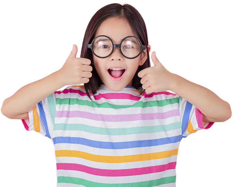 Young girl doing a thumbs up with both hands wearing glasses with reflection in them