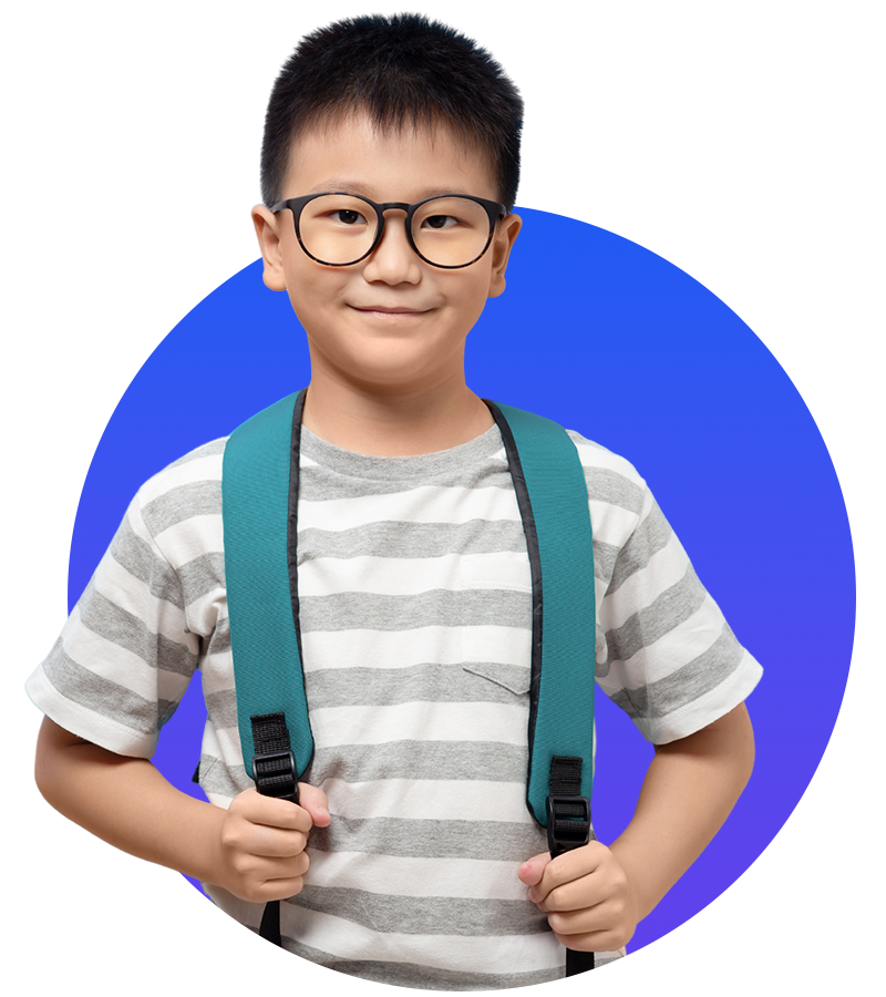 Little boy with backpack wearing glasses
